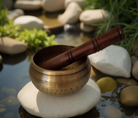 Cuenco tibetano de 12 x 5 cm sobre altar decorativo con baqueta, ideal para prácticas de meditación y feng shui