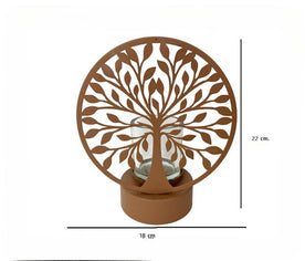 Imagen con medidas del candelabro Árbol de la Vida: 18 cm de ancho x 21,5 cm de alto