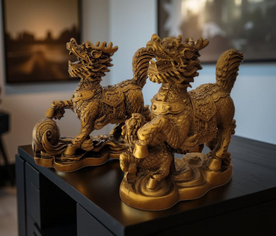Pareja de Chi Lins feng shui, criaturas protectoras míticas con detalles dorados sobre superficie neutra