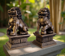 Pareja de Perros Fu feng shui, figura protectora en tonos oscuros sobre superficie neutra