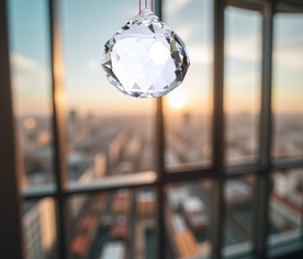 Bola facetada colgando en una ventana iluminada por el sol