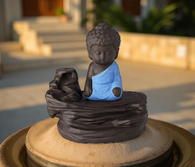 Buda azul porta incienso con base para varilla o cono, ideal para meditación y armonía del elemento agua