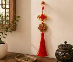 Colgante Feng Shui de siete monedas chinas con hilo rojo, símbolo tradicional de prosperidad y buena fortuna