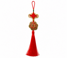 Colgante Feng Shui de siete monedas chinas con hilo rojo, símbolo tradicional de prosperidad y buena fortuna zfs