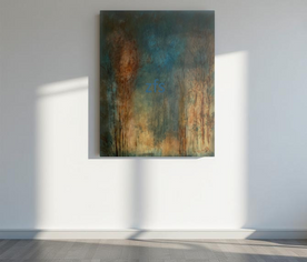 Cuadro “La energía del bosque” colgado en interior natural, obra otoñal con colores cálidos y presencia viva