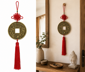 Gran moneda I Ching Feng Shui con nudo y borla roja, símbolo de prosperidad y buena fortuna zfs