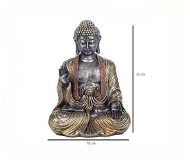 Imagen con medidas del Buda plateado en meditación: 18 cm de ancho x 25 cm de alto