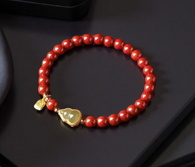 Pulsera Feng Shui de cuentas rojas con calabaza Wu Lou dorada y verde, símbolo de protección y salud
