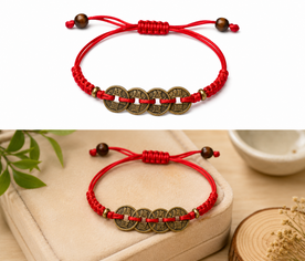 Pulsera Feng Shui de cordón rojo con monedas chinas de 1 cm, amuleto tradicional de prosperidad y buena fortuna